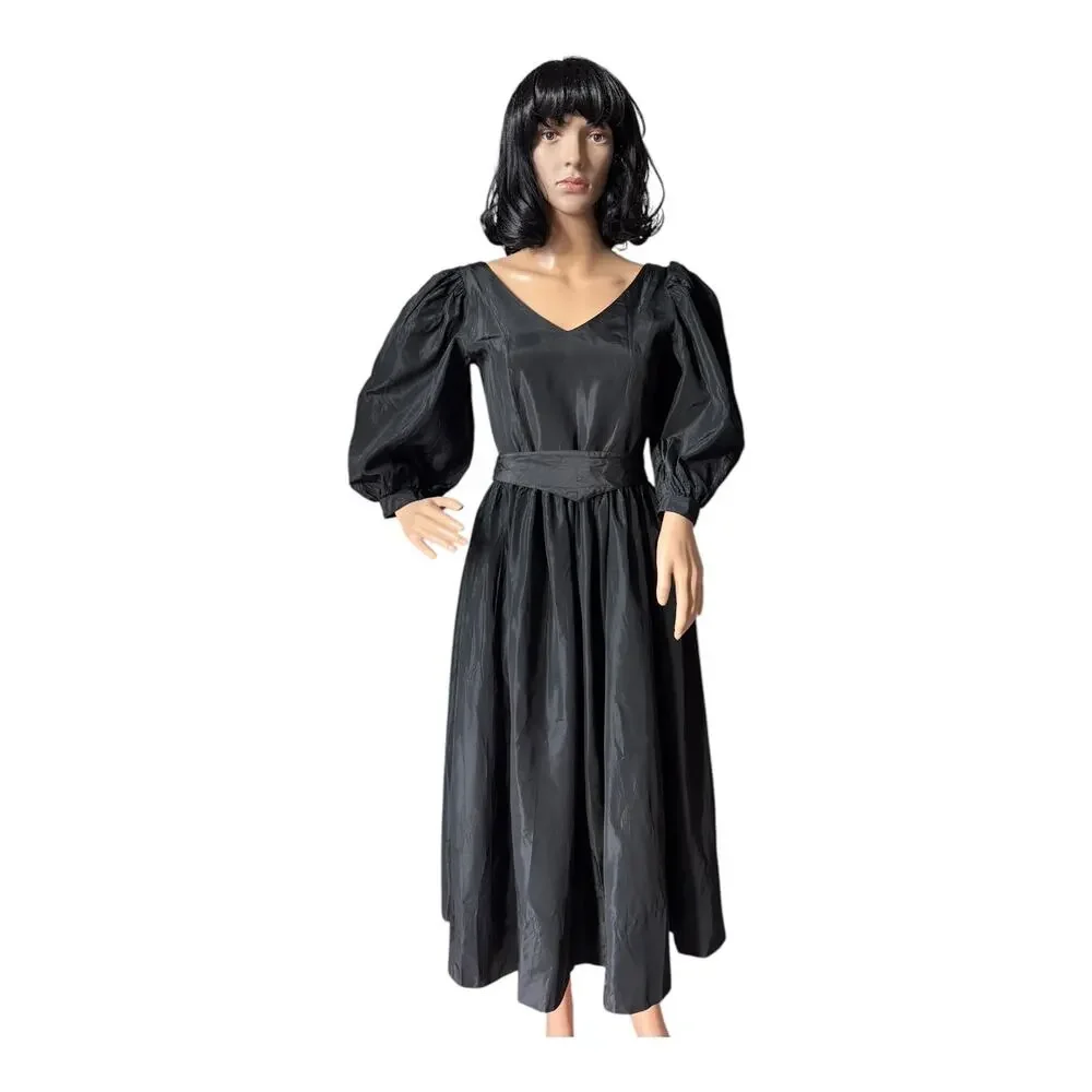 1980s Laura Ashley Black Puff Sleeve Midi Dress Ireland Small